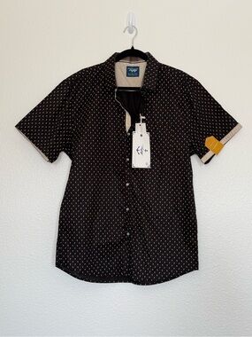 Voyage “Craft & Flow” Short-Sleeve Button-Down; Black w/ Mini Palm Tree Print
